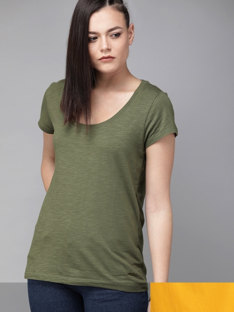

Roadster Women Pack of 2 Solid Cotton T-shirt, Olive