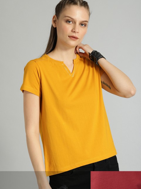

Roadster Women Pack of 2 Solid Cotton T-shirt, Mustard