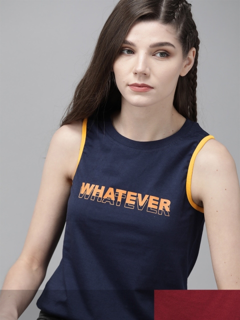 

Roadster Women Pack of 2 Typography Print Cotton T-shirt, Burgundy