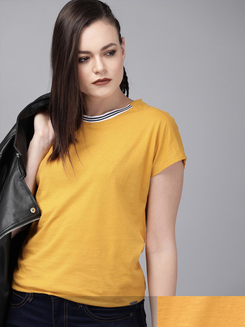 

Roadster Women Pack of 2 Solid Pure Cotton T-shirts, Yellow