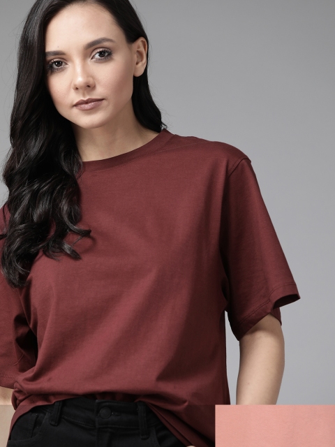 

Roadster Women Pack of 2 Yellow Solid T-shirts, Maroon
