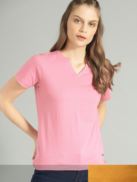 

Roadster Women Pack of 2 Solid Pure Cotton T-shirts, Mustard