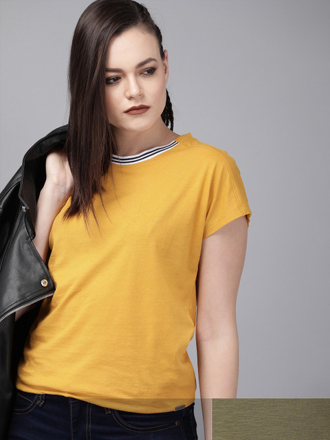 

Roadster Women Pack of 2 Solid T-shirts, Mustard
