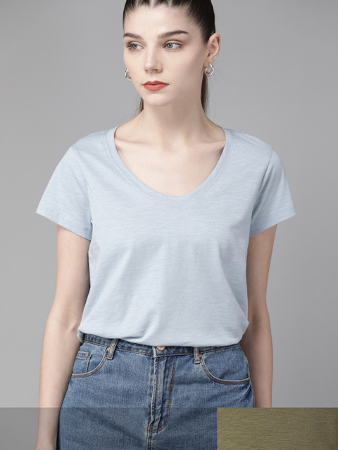 

Roadster Women Pack of 2 Solid T-shirts, Blue
