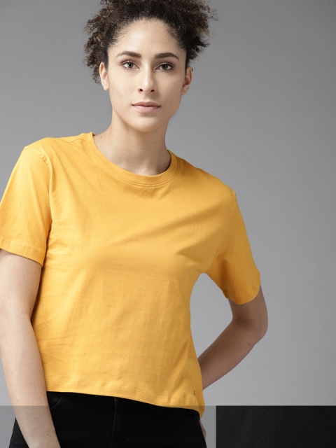 

Roadster Women Pack of 2 Solid T-shirts, Mustard