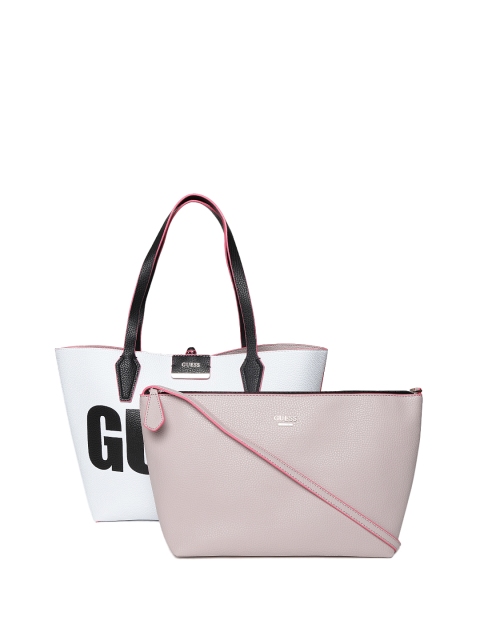 

GUESS White & Dusty Pink Printed Reversible Tote Bag