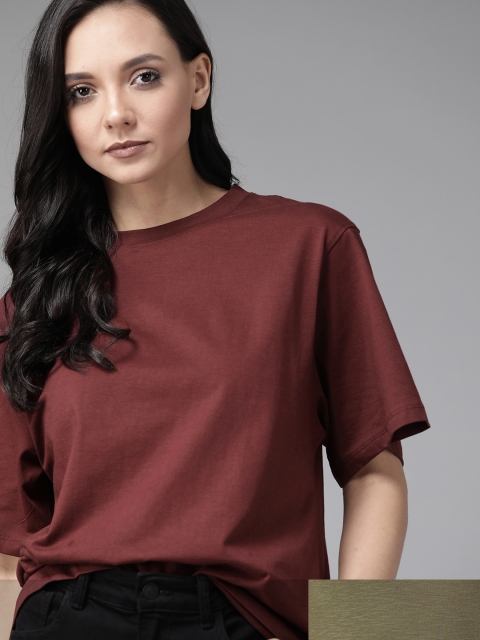 

Roadster Women Pack of 2 Solid T-shirts, Maroon