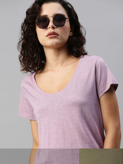 

Roadster Women Pack of 2 Solid T-shirts, Lavender