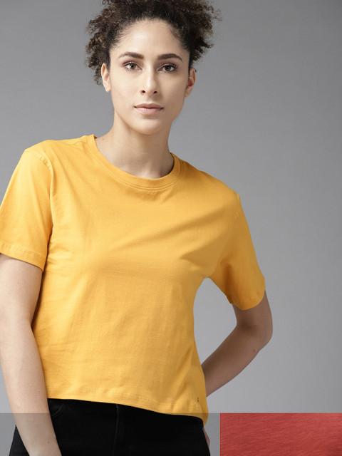 

Roadster Women Pack of 2 Solid T-shirts, Mustard