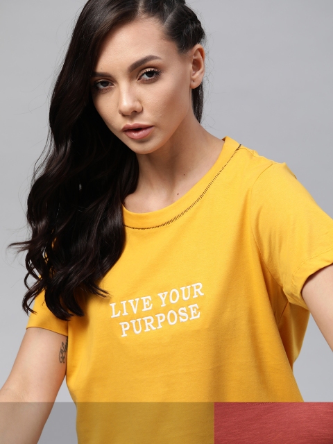 

Roadster Women Pack of 2 Solid T-shirts, Mustard