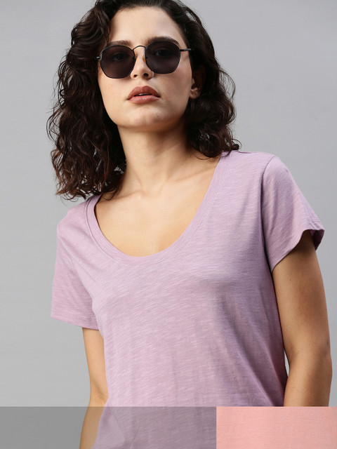 

Roadster Women Pack of 2 Solid T-shirts, Lavender