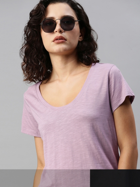 

Roadster Women Pack of 2 Solid Pure Cotton T-shirts, Lavender