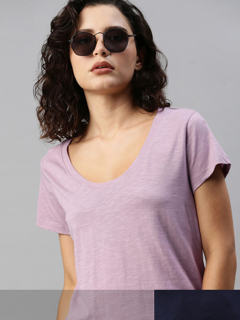 

Roadster Women Pack of 2 Solid Pure Cotton T-shirts, Lavender