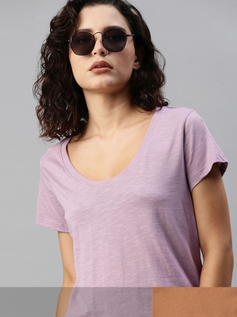 

Roadster Women Pack of 2 Solid Pure Cotton T-shirts, Lavender