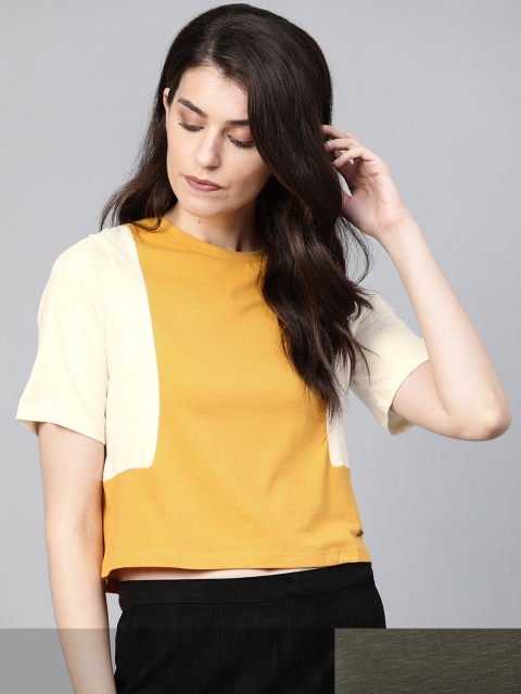 

Roadster Women Pack of 2 Pure Cotton Colourblocked T-shirts, Mustard