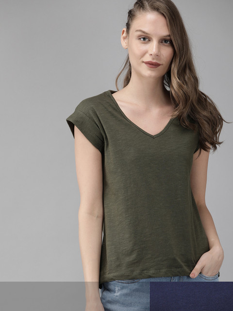 

Roadster Women Pack of 2 Pure Cotton T-shirts, Olive