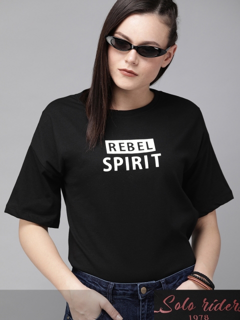 

Roadster Women Pack of 2 Pure Cotton Drop Shoulder Sleeves Printed T-shirts, Black