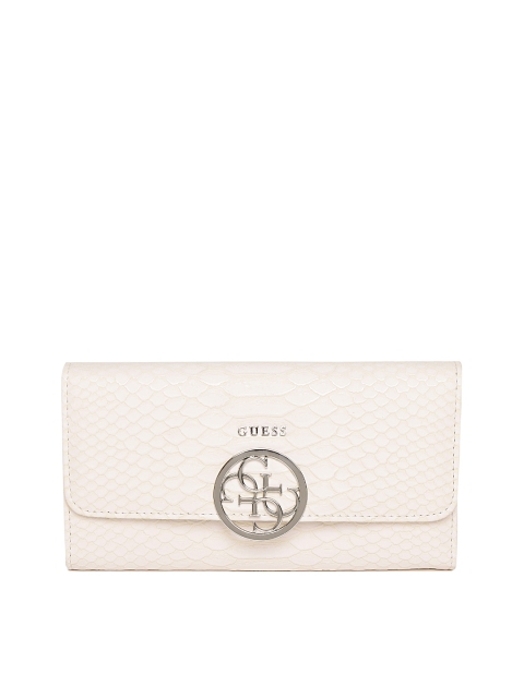 

GUESS Women Cream-Coloured Croc-Textured Three-Fold Wallet