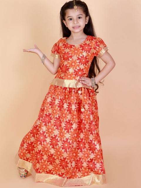 

KID1 Girls Orange & Gold-Toned Floral Printed Ready to Wear Silk Pavda Pattu