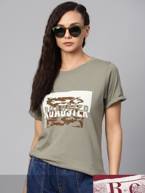 

Roadster Women Green & Maroon Pack Of 2 Printed Round Neck Regular Fit T-shirts