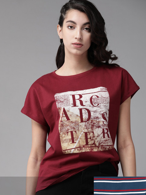 

Roadster Women Navy Blue & Maroon Pack Of 2 Striped & Printed Regular Fit T-shirts