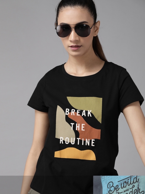 

Roadster Women Black & Blue Pack Of 2 Typography Print Round Neck Regular Fit T-shirts