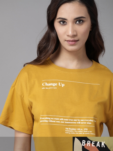 

Roadster Women Mustard Yellow & Black Pack Of 2 Typography Print Round Neck T-shirts