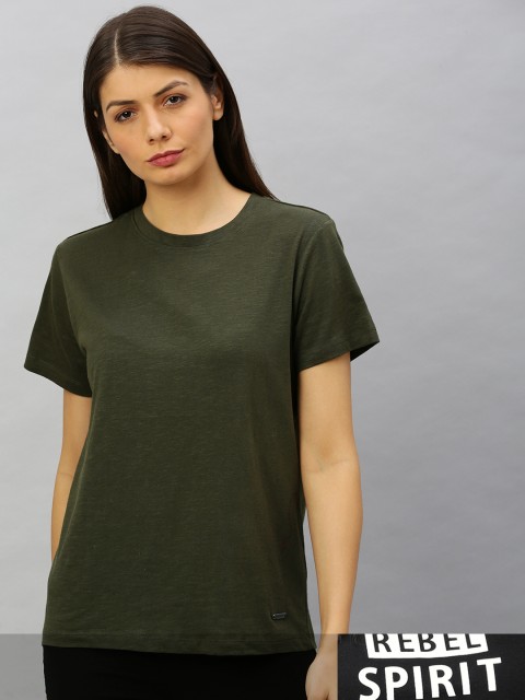 

Roadster Women Black & Olive Green Pack Of 2 Printed & Solid Round Neck T-shirts
