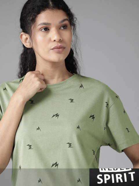 

Roadster Women Black & Green Pack Of 2 Printed Round Neck Pure Cotton T-shirts