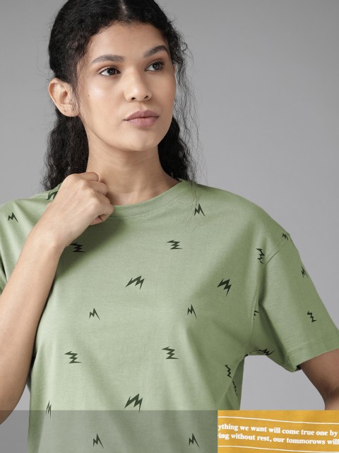 

Roadster Women Mustard Yellow & Green Pack Of 2 Printed Round Neck T-shirts
