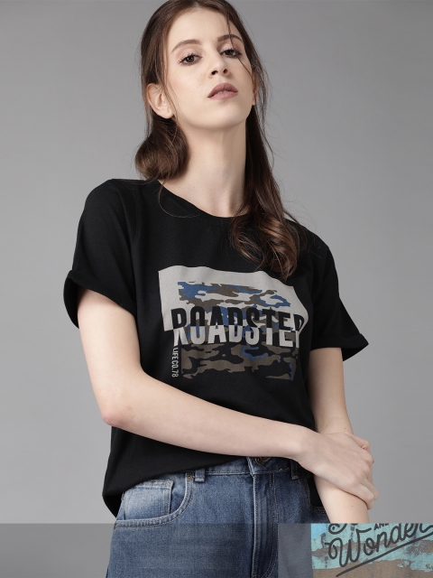 

Roadster Women Black & Blue Pack Of 2 Printed Round Neck Regular Fit T-shirts