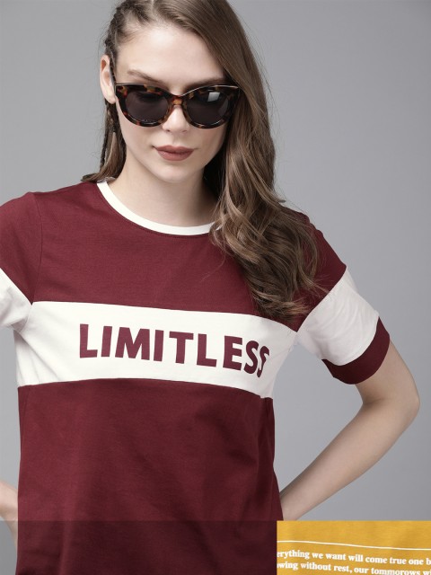 

Roadster Women Mustard Yellow & Maroon Pack Of 2 Typography Print Round Neck T-shirts