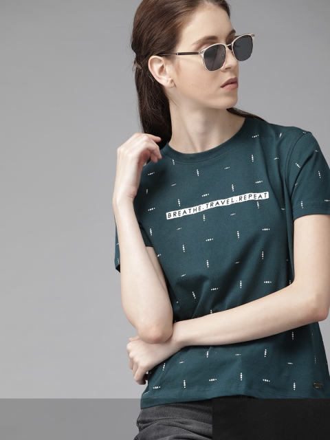 

Roadster Women Black & Teal Green Pack Of 2 Printed Round Neck Knitted T-shirts