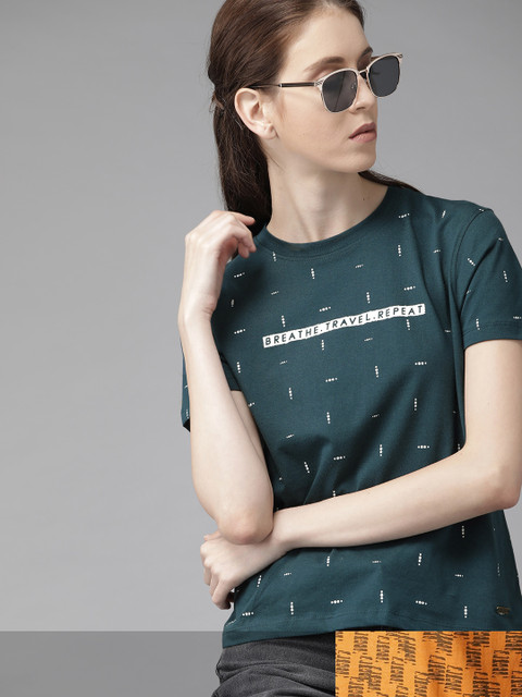 

Roadster Women Teal Green & Mustard Yellow Pack Of 2 Printed Round Neck T-shirts