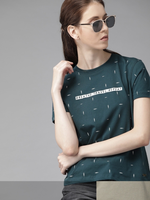 

Roadster Women Green Pack Of 2 Printed Round Neck Regular Fit T-shirts