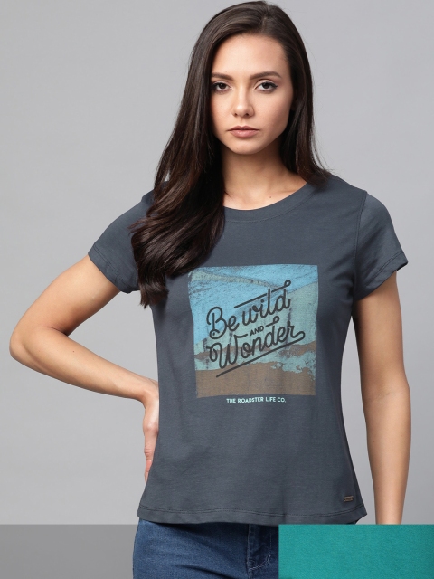 

Roadster Women Blue & Green Pack Of 2 Typography Print Round Neck Knitted T-shirts
