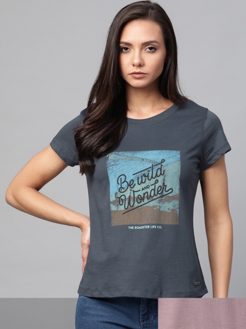 

Roadster Women Mauve Pink & Blue Pack Of 2 Typography Print Round Neck T-shirts