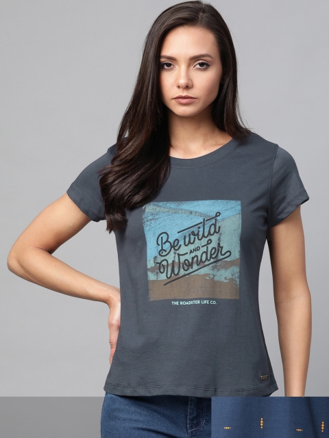 

Roadster Women Navy Blue Pack Of 2 Printed Round Neck Regular Fit T-shirts