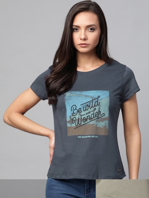 

Roadster Women Green & Blue Pack Of 2 Printed Round Neck Regular Fit T-shirts