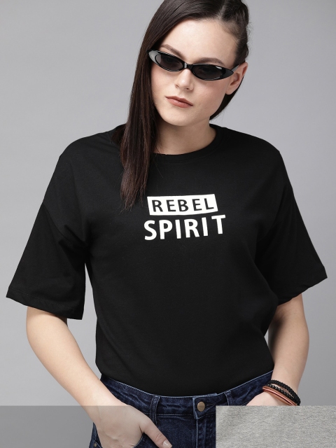 

Roadster Women Black & Grey Melange Pack Of 2 Printed & Solid Round Neck T-shirts