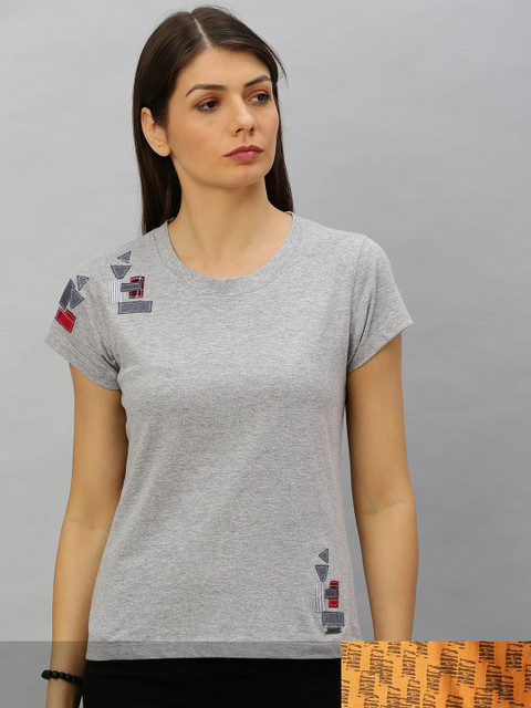 

Roadster Women Grey Melange & Mustard Yellow Pack Of 2 Solid & Printed Round Neck T-shirts