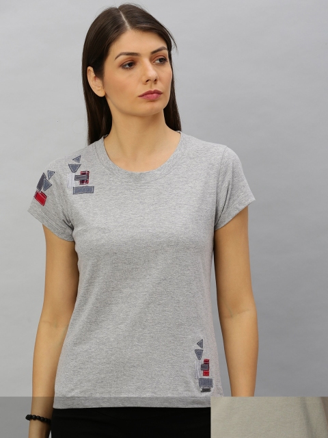 

Roadster Women Green & Grey Melange Pack Of 2 Printed & Solid Regular Fit T-shirts