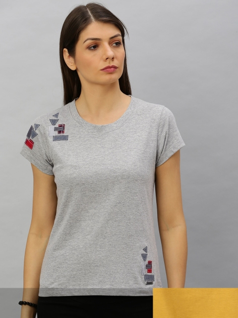 

Roadster Women Mustard Yellow & Grey Melange Pack Of 2 Printed & Solid Round Neck T-shirts