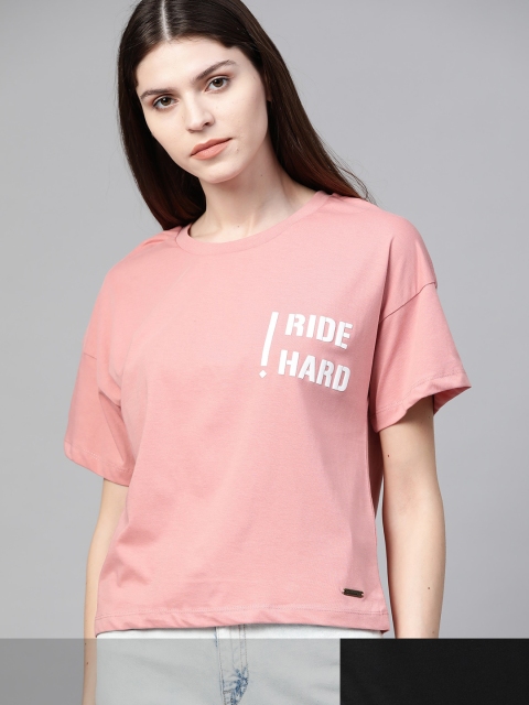 

Roadster Women Black & Dusty Pink Pack Of 2 Typography Print Round Neck T-shirts