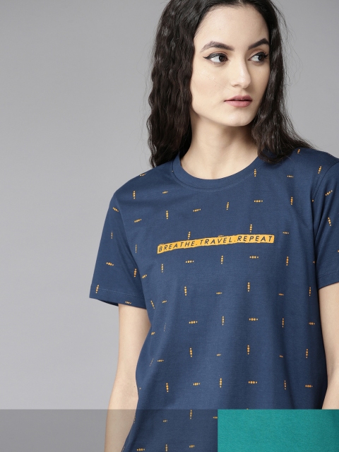 

Roadster Women Navy Blue & Green Pack Of 2 Printed Round Neck Knitted T-shirts