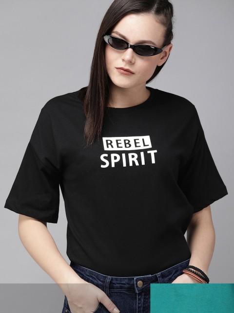 

Roadster Women Black & Green Pack Of 2 Typography Print Round Neck Applique T-shirts