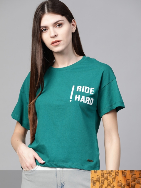 

Roadster Women Green & Mustard Yellow Pack Of 2 Printed Drop-Shoulder Sleeves T-shirts