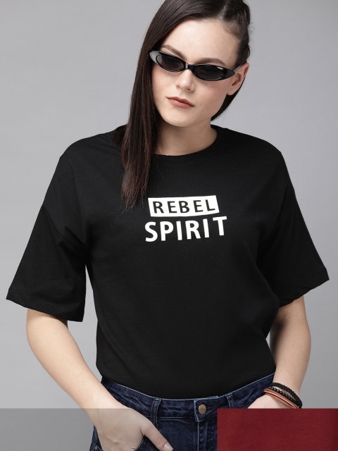 

Roadster Women Black & Maroon Pack Of 2 Typography Print Round Neck Pure Cotton T-shirts
