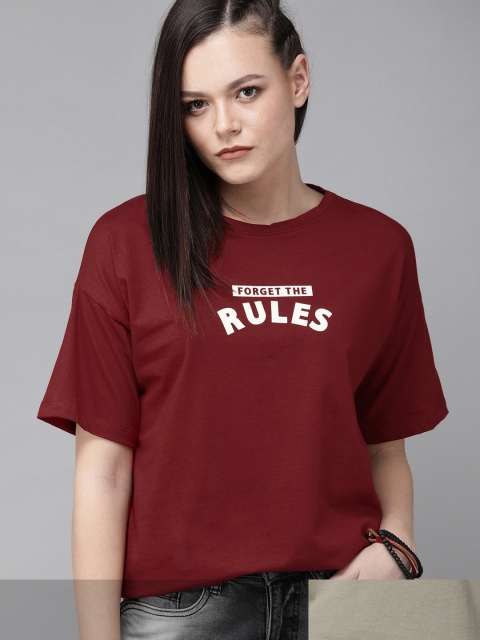 

Roadster Women Green & Maroon Pack Of 2 Printed Round Neck Knitted T-shirts
