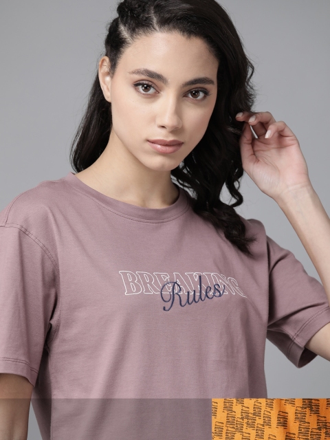 

Roadster Women Mauve Pink & Mustard Yellow Pack Of 2 Printed Round Neck Knitted T-shirts